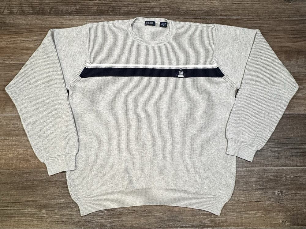 IZOD Sweater Mens XL Gray Navy Stripe 100% Cotton Crew Neck Ribbed Knit